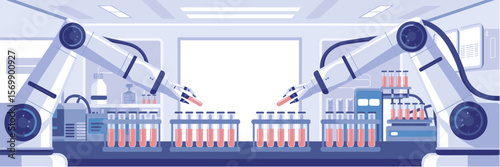 Biomed lab with robotic arms producing test drugs in vector banner