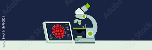 Digital microscope examining blood sample on touchscreen, medical vector banner