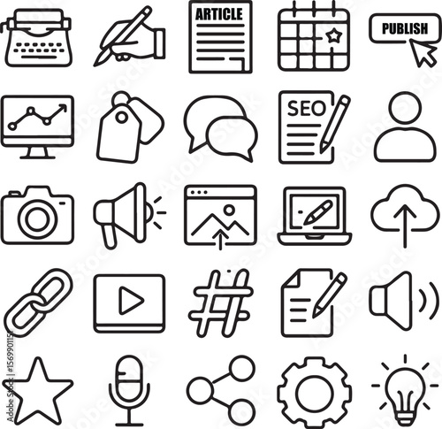 Collection of digital marketing and content creation icons including a typewriter writing article calendar publish button graph tags chat seo user camera megaphone image upload laptop cloud upload lin