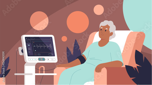 Elderly patient using home biomed monitoring station, vector illustration