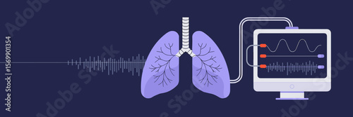 Lungs connected to digital monitor for biofeedback, vector banner