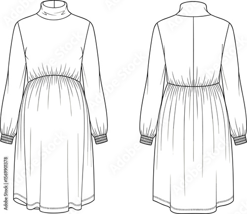 Elegant maternity dress, front and back view, fashion design, long sleeve, high neck, vector illustration, comfortable, stylish, pregnancy wear