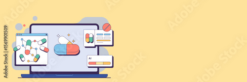 AI-designed pills in flat style on pastel vector background for biotech use