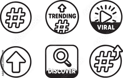 Collection of black and white icons representing social media trends viral content discovery and popular hashtags for online engagement and marketing