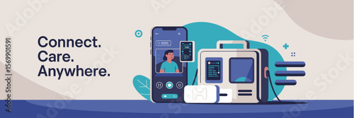 Remote diagnostics via telemedicine app and smart medical kit, medical vector banner