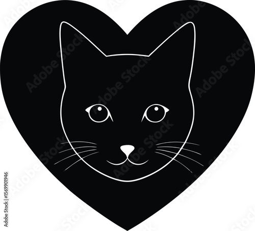 black silhouette of a cat face inside heart on whi.eps