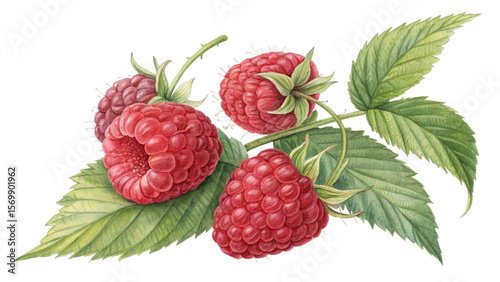 Watercolor Raspberry Branch Illustration, Isolated on Transparent Background, Botanical, Food, Raspberries, Watercolor, Illustration