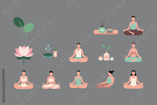 Collection of diverse people practicing yoga and meditation with wellness items