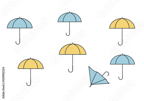 Colorful umbrellas in blue and yellow arranged in a pattern  