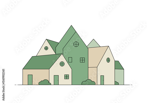 Colorful abstract houses with green roofs and light backgrounds  