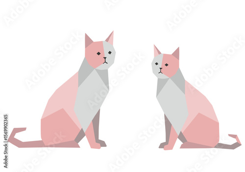 Two geometric cats in pink and grey sitting side by side  