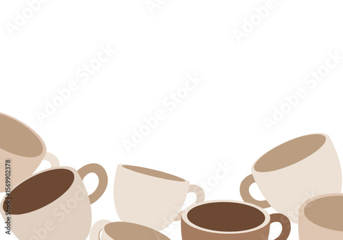 Brown and beige coffee cups in playful arrangement on white background  