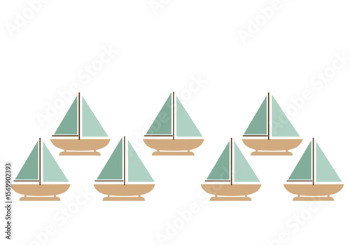Seven sailboats in geometric style with teal sails and beige hulls  