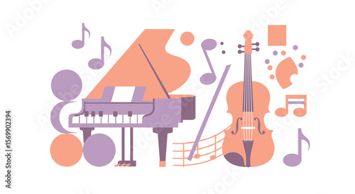Musical instruments illustration featuring piano, violin, and notes  