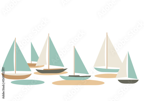 Minimalist illustration of sailboats floating in calm waters  