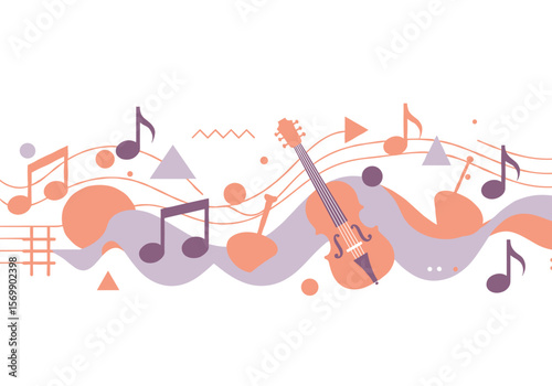Musical background with notes and guitar in pastel colors  