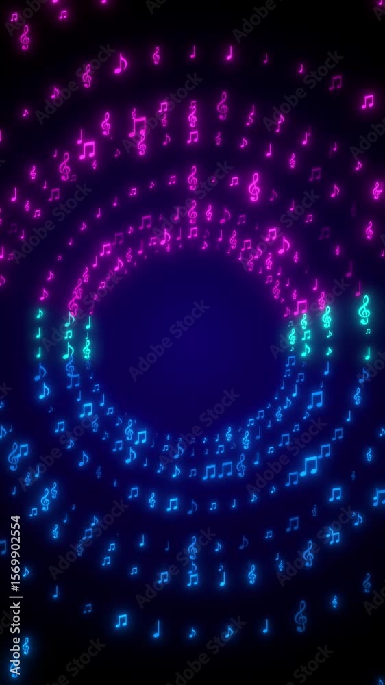 neon lights pink and blue music notes tunnel flying on dark background animation, musical nota bar and concert vertical social media motion background	