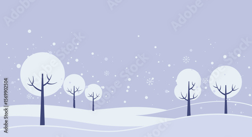 Winter landscape with snow-covered trees against a purple background  
