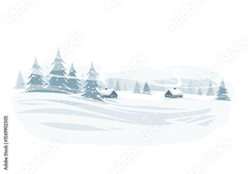 Winter landscape with snow-covered trees and cozy cottages  