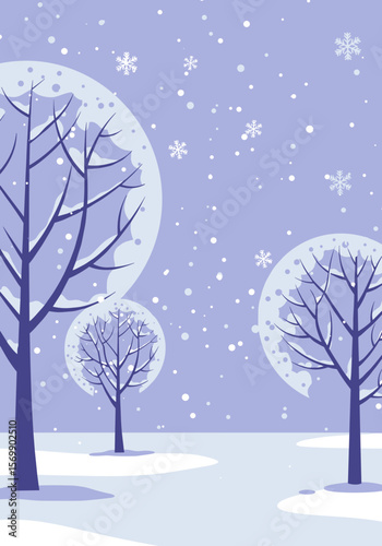 Snowy trees in winter landscape with purple background and snowfall  