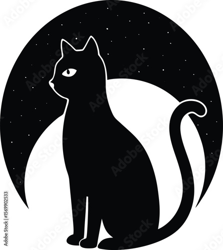 black silhouette of a cat in moonlight on white ba.eps