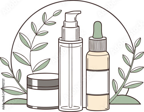 Various bottles and packages simple illustration . Skincare Products with Botanical Elements.