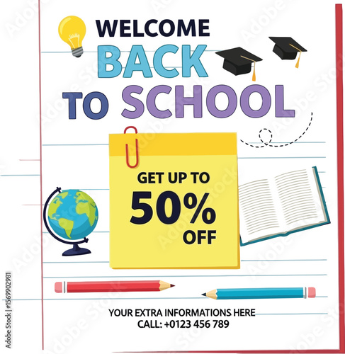 Welcome back to school sale up to fifty percent off education supplies and school items promotion design
