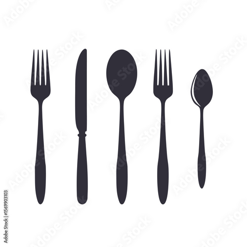 Dark gray cutlery set on white background fork knife