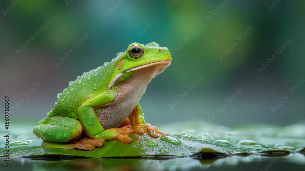 Green tree frog portrait with raindrops resting on a lily pad during a gentle rain
