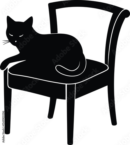 black silhouette of a cat napping on chair on whit.eps