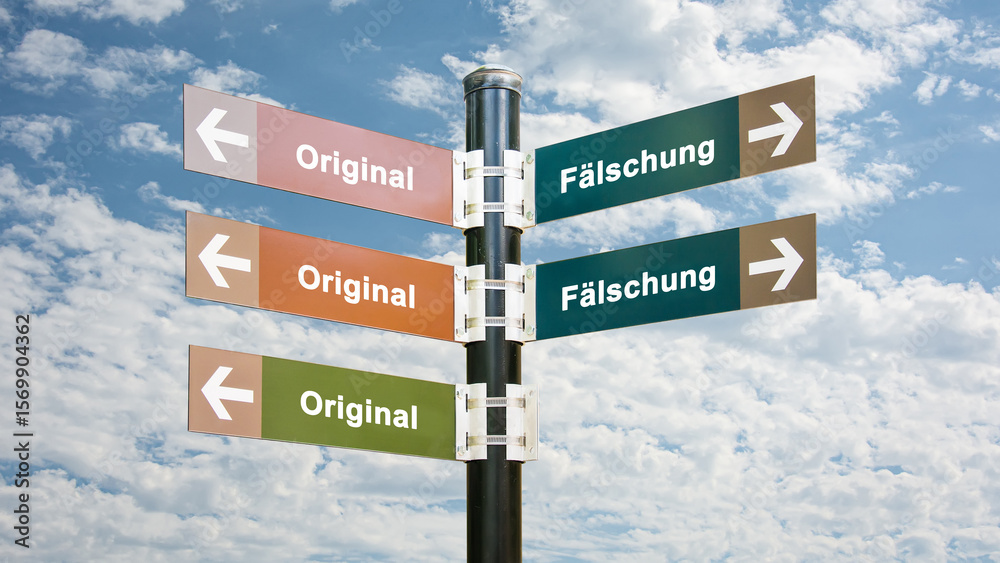 Fototapeta premium Signposts the direct way to original versus counterfeit