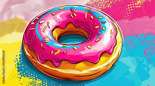 Colorful donut with pink icing and sprinkles, placed on a vibrant background of blue, yellow, and pink, showcasing a playful and artistic dessert concept