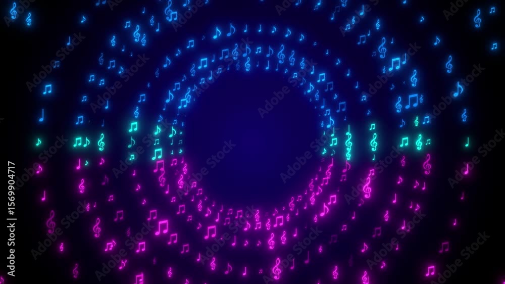 neon lights pink and blue music notes tunnel flying on dark background animation, musical nota bar and concert social media motion background	