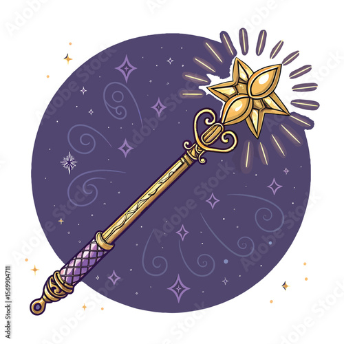 A vibrant cartoon illustration depicts a sword-wielding man under a winter moonlit sky, adorned with festive star and snow decorations, perfect for a holiday greeting card design