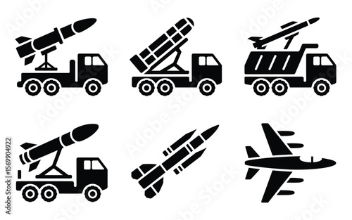 Military Truck Silhouette Icons Featuring Missile and Launch Systems