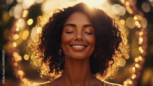 Woman in meditation smiling at sunrise, glowing yoga mandala, spiritual nirvana awareness, mystical lights effects