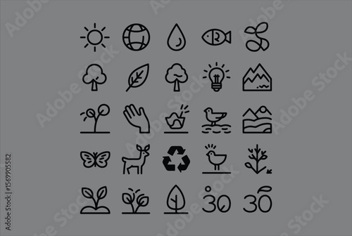 Collection of simple line art icons representing nature environment and sustainability concepts