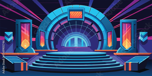 Futuristic Stage Design Blue Purple Neon Lights Circular Archway