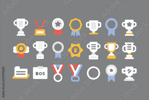 Collection of flat design trophies medals and awards icons on a gray background