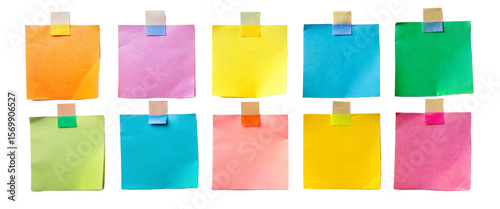 different colored sticky notes taped against wall isolated on white or transparent png
