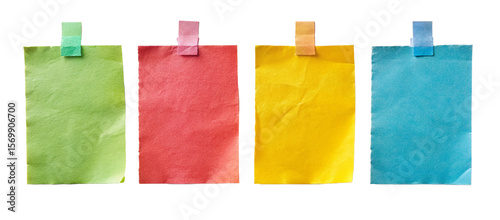 different colored sticky notes taped against wall isolated on white or transparent png
