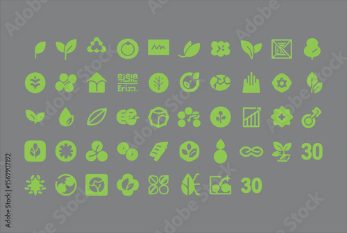 Collection of green eco friendly nature and sustainability icons on gray background