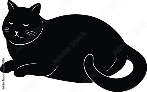 black silhouette of a fat cat lying down on white .eps