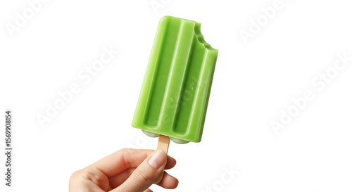 Stock photo of green popsicle ice cream summer treat held by hand on black background refreshing dessert 100char