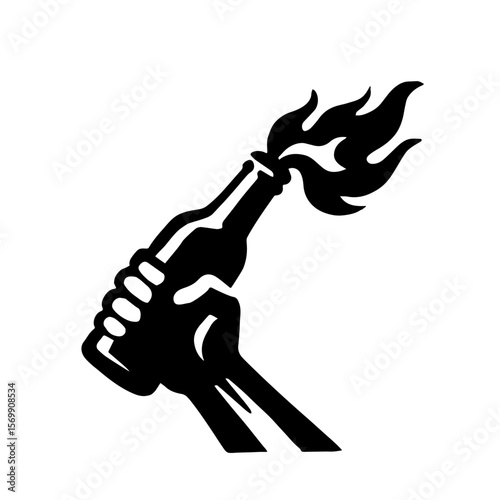 Black and white vector silhouette of a hand holding a Molotov cocktail. Illustration in protest art style