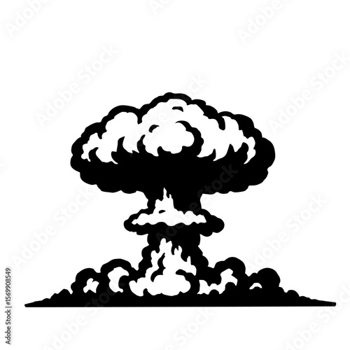 Nuclear explosion black and white stencil. silhouette of nuclear mushroom. Vector illustration.