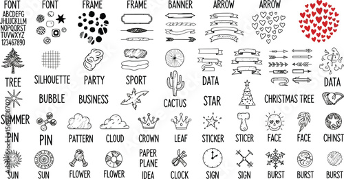 Hand drawn doodle elements vector set for design banner frame font arrow