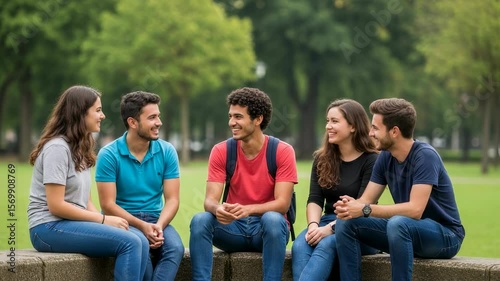 Diverse group of young students chatting on campus lawn. College friends socializing outdoors. Multicultural youth enjoying conversation in park. University life concept