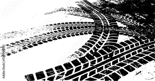 Black tire tracks on white background with grunge texture vector