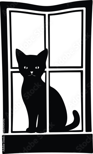 black silhouette of a kitten on windowsill on whit.eps